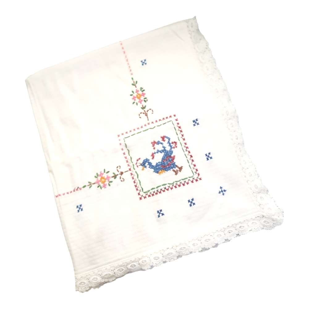 Vintage Peacock Cross Stitched White Cotton Table Square 37" x 33"